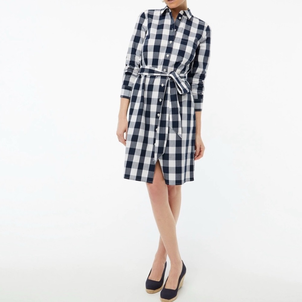 J.Crew Navy White Plaid Shirt Dress | Belted Cotton Size 6